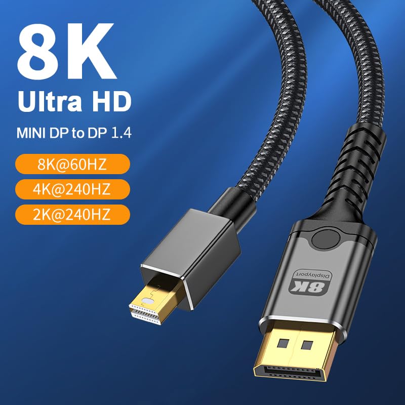 8K Mini DisplayPort to DisplayPort Cable, 6.6FT 8K@60Hz Bi-Directional 32.4Gbps Mini DP to DP 1.2 Cable, HD [Thunderbolt 2 Compatible] Aluminum Shell, Gold-Plated Braided for MacBook, PC
