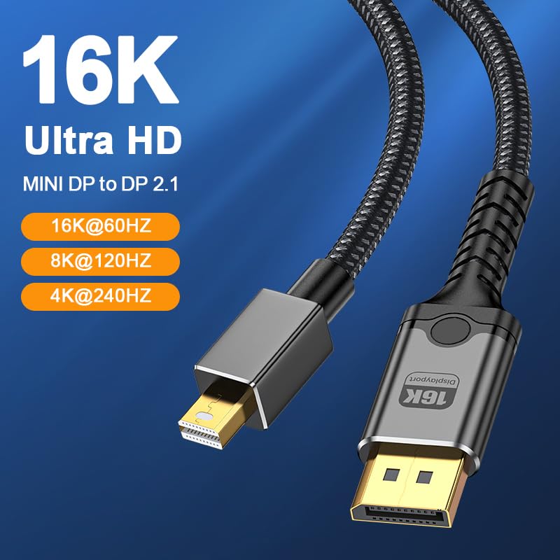 8K Mini DisplayPort to DisplayPort Cable, 6.6FT 8K@60Hz Bi-Directional 32.4Gbps Mini DP to DP 1.2 Cable, HD [Thunderbolt 2 Compatible] Aluminum Shell, Gold-Plated Braided for MacBook, PC