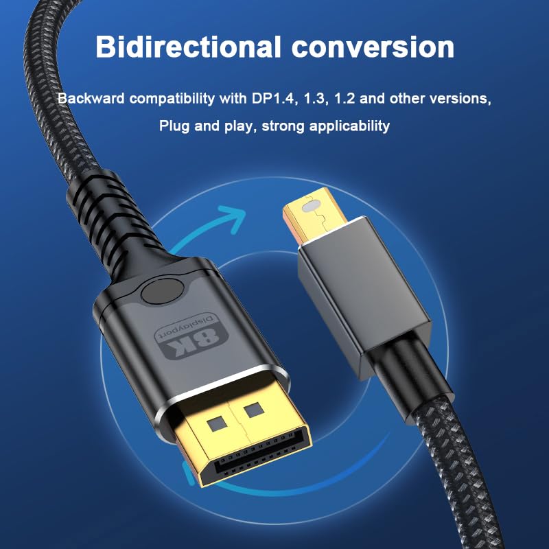 8K Mini DisplayPort to DisplayPort Cable, 6.6FT 8K@60Hz Bi-Directional 32.4Gbps Mini DP to DP 1.2 Cable, HD [Thunderbolt 2 Compatible] Aluminum Shell, Gold-Plated Braided for MacBook, PC