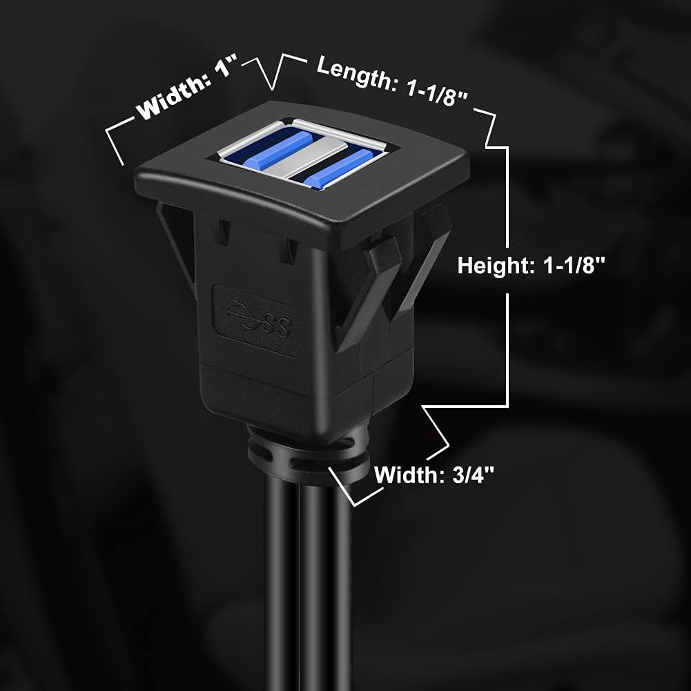 Dual Ports Square USB 3.0 Panel Flush Mount Extension Cable with Buckle for Car Truck Boat Motorcycle Dashboard 1ft