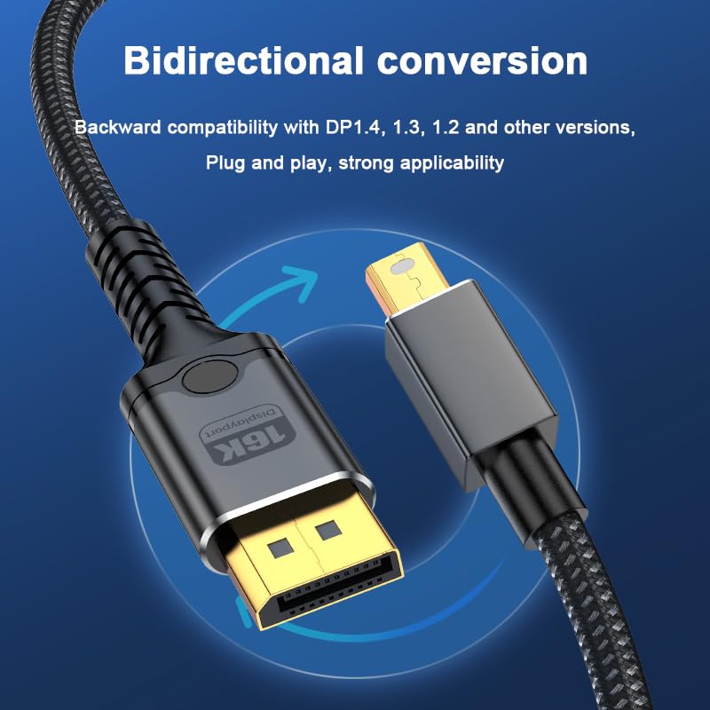 8K Mini DisplayPort to DisplayPort Cable, 6.6FT 8K@60Hz Bi-Directional 32.4Gbps Mini DP to DP 1.2 Cable, HD [Thunderbolt 2 Compatible] Aluminum Shell, Gold-Plated Braided for MacBook, PC