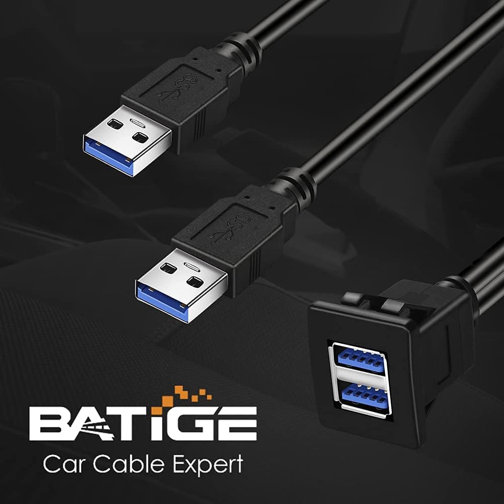 Dual Ports Square USB 3.0 Panel Flush Mount Extension Cable with Buckle for Car Truck Boat Motorcycle Dashboard 1ft