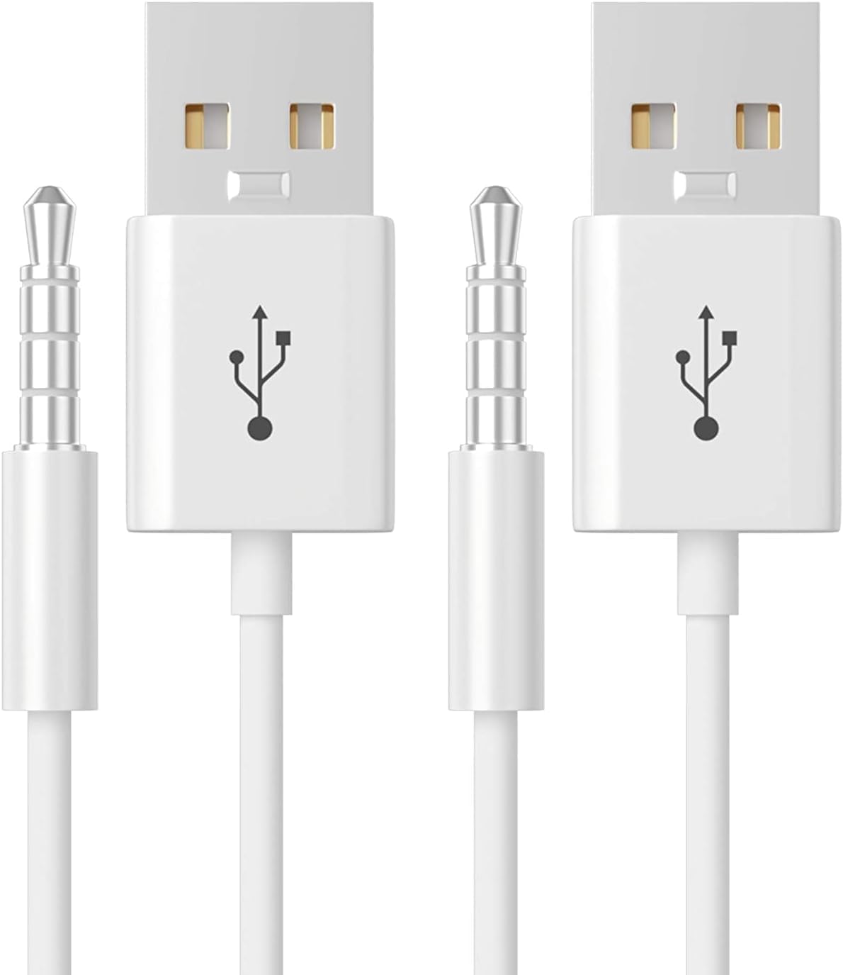 iPod Shuffle Charger Cable, 3.5mm Audio Jack to USB Sync & Charge Lead (2 Pack) - Compatible with iPod Shuffle 3/4/5/6/7 Gen, MP3 Player - White