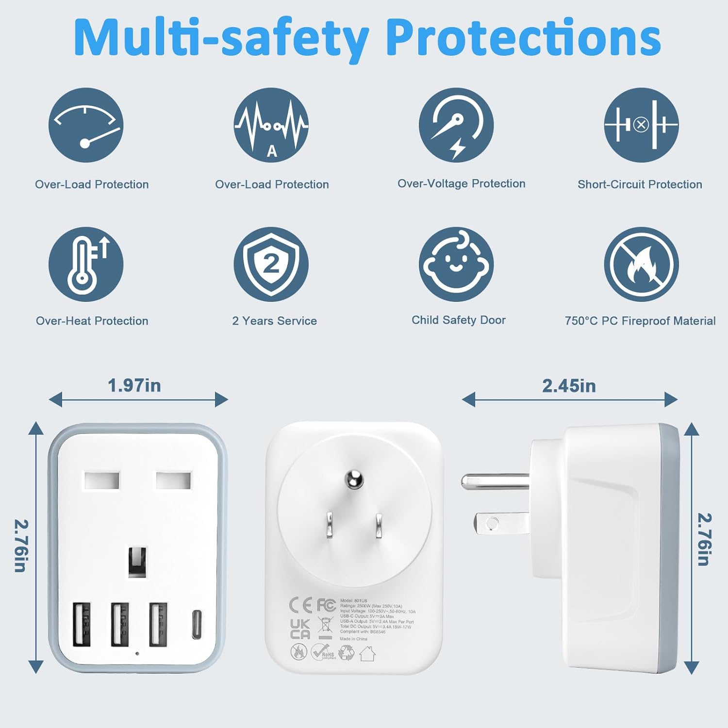 baolongking UK to US Plug Travel Adapter, USA Travel Adapter with 4 USB Ports (1 USB C Fast Charger) American to UK Plug Adapter for US Canada Mexico Thailand and More