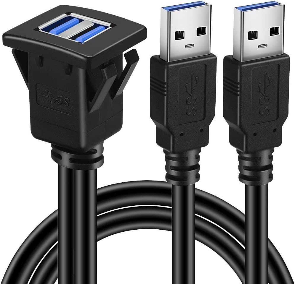 Dual Ports Square USB 3.0 Panel Flush Mount Extension Cable with Buckle for Car Truck Boat Motorcycle Dashboard 1ft