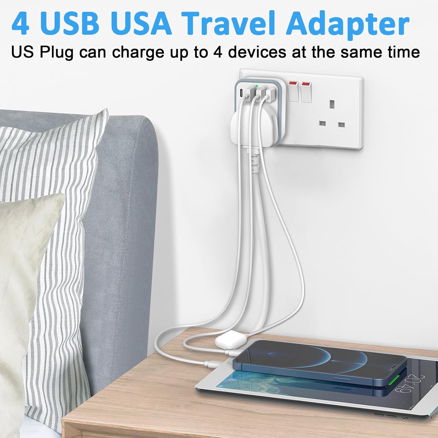 baolongking UK to US Plug Travel Adapter, USA Travel Adapter with 4 USB Ports (1 USB C Fast Charger) American to UK Plug Adapter for US Canada Mexico Thailand and More