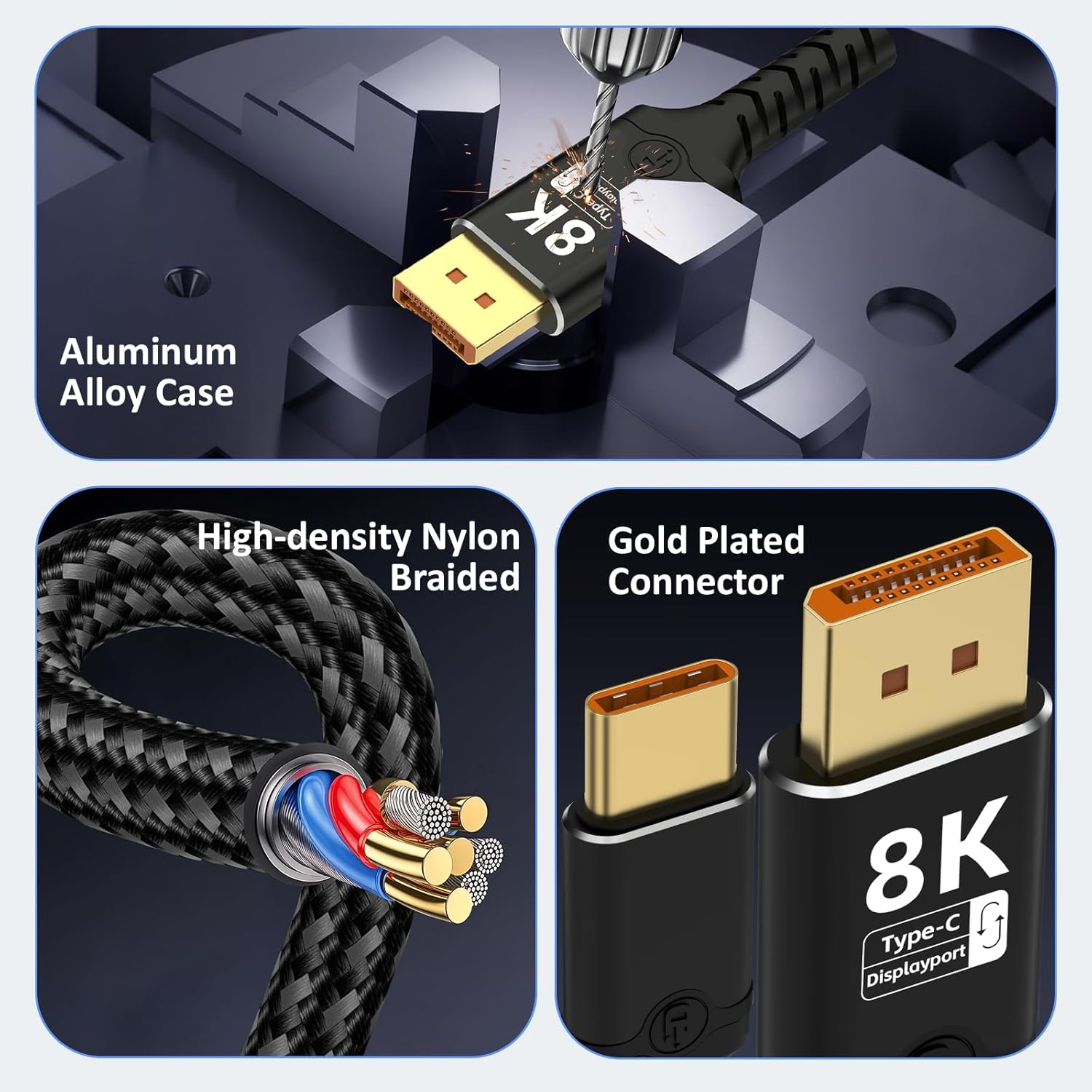 Displayport to USB C Bidirectional USB C to DisplayPort 2.1 Cable Support 16K@60Hz 8K@120Hz Resolution Braided Thunderbolt 5 Compatible with MacBook Pro/Air, Galaxy S25, iPad Pro, XPS 17, 10FT