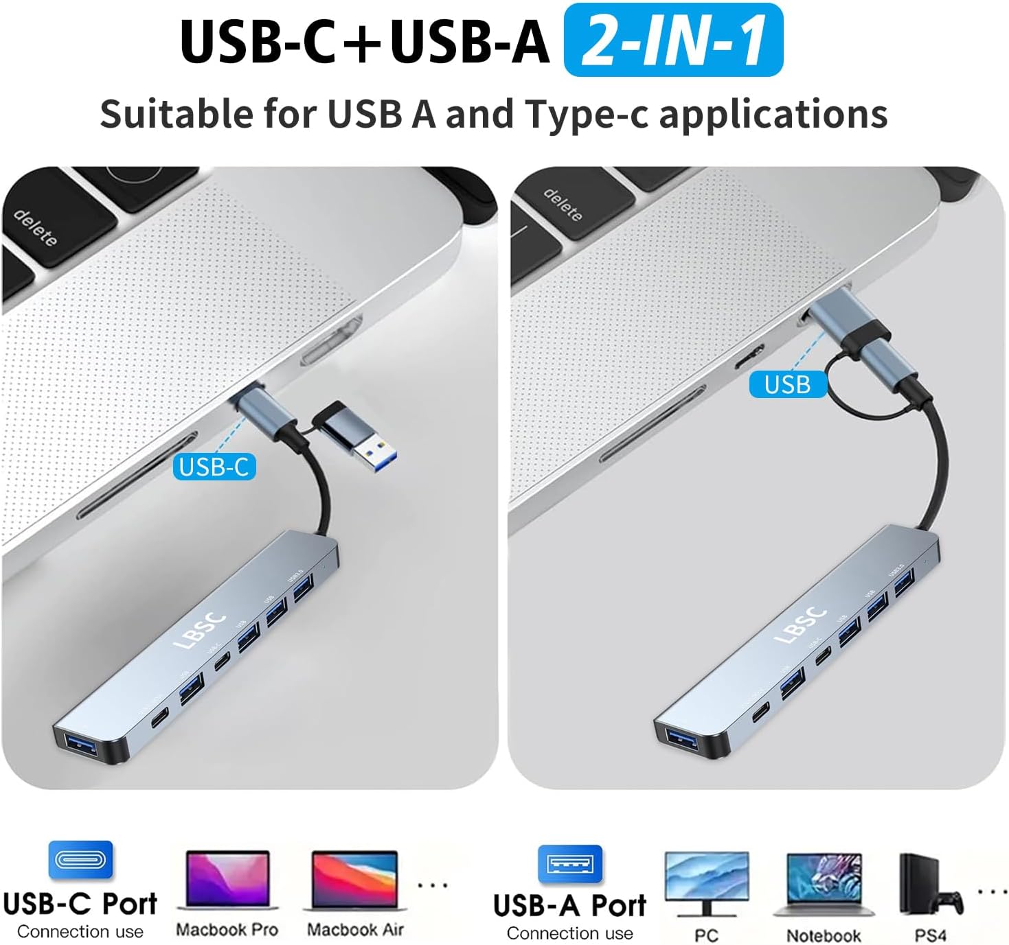 USB C Hub, 7 in 1 USB Splitter Multiport Adapter, Usb Hub For Laptop,MacBook,PS5/PS4, Switch, Printer, USB Fan, Flash Drive (A+C 7 in 1)