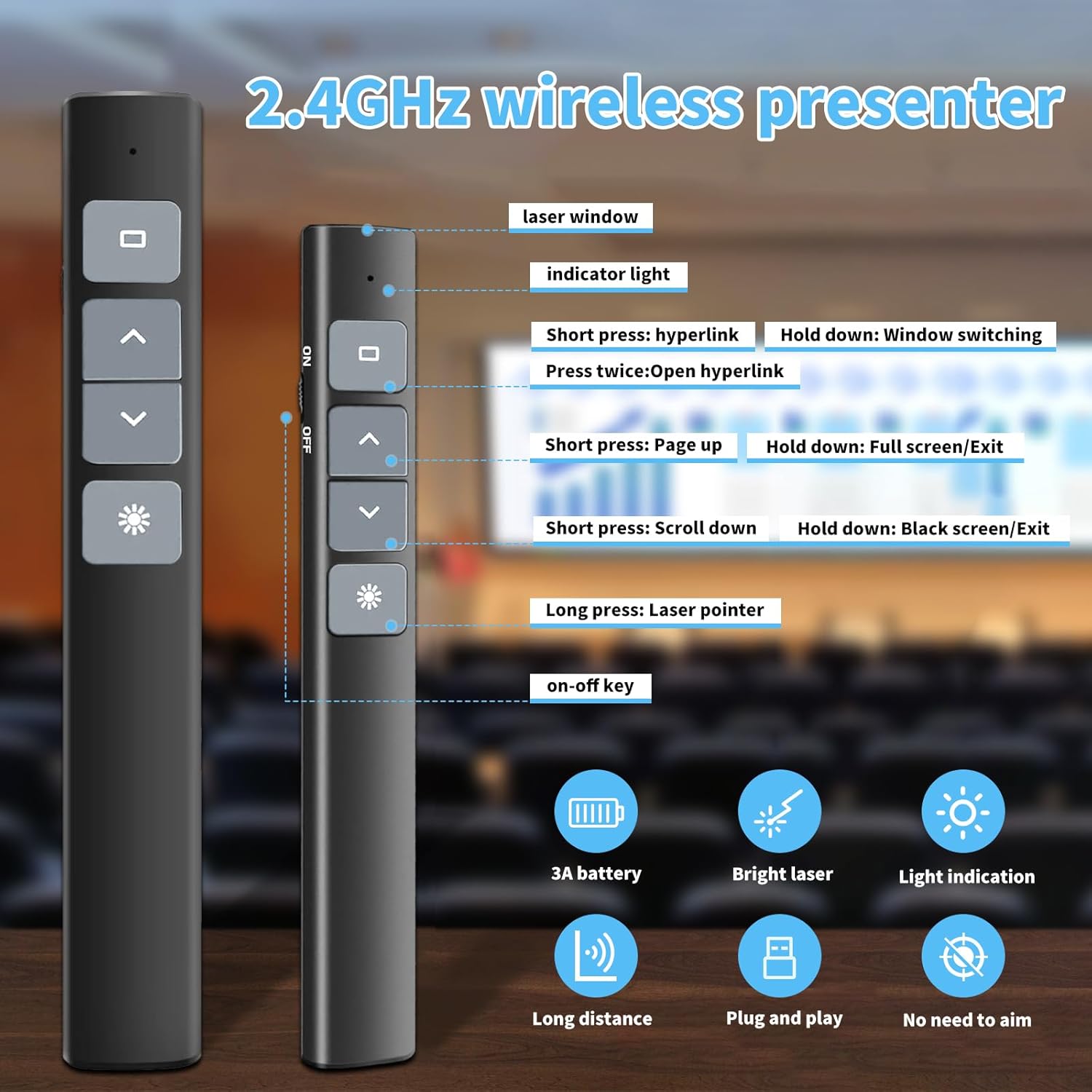 Presentation Clicker, Remote PPT PowerPoint Clicker, 2.4GHz Hyperlink Wireless Presenter Remote PowerPoint Clicker for Classrooms, Lecture Halls, Conference Rooms, Exhibition Halls