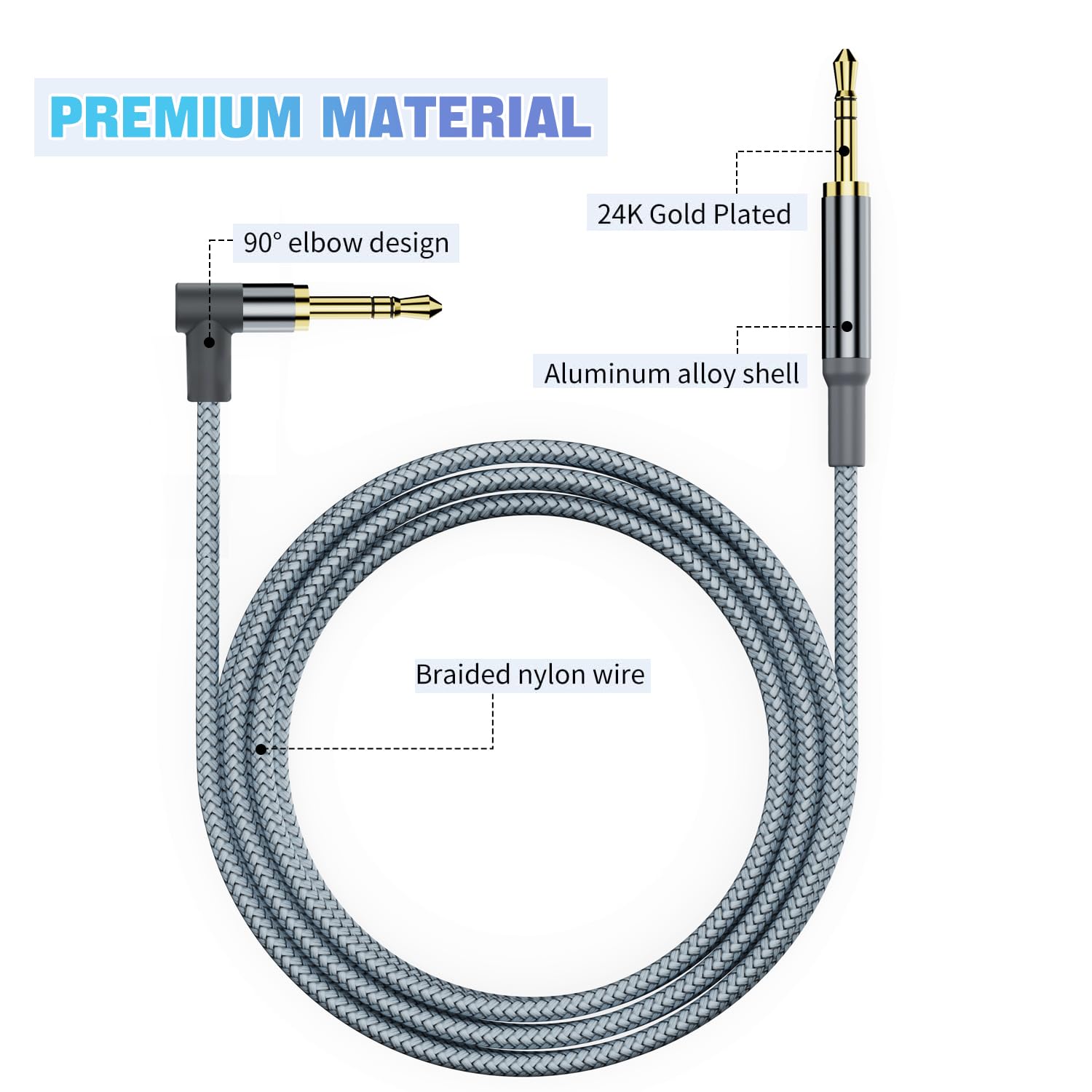 3.5mm to 3.5mm Aux Cable,1.2M Audio Aux Jack Adapter 90 Degree Nylon Braided Male to Male Auxiliary Cord Hi-Fi Lead Stereo Headphone Mini TRS Compatible with Car,Speaker,iPod iPad,Sony,Echo Dot,Beats