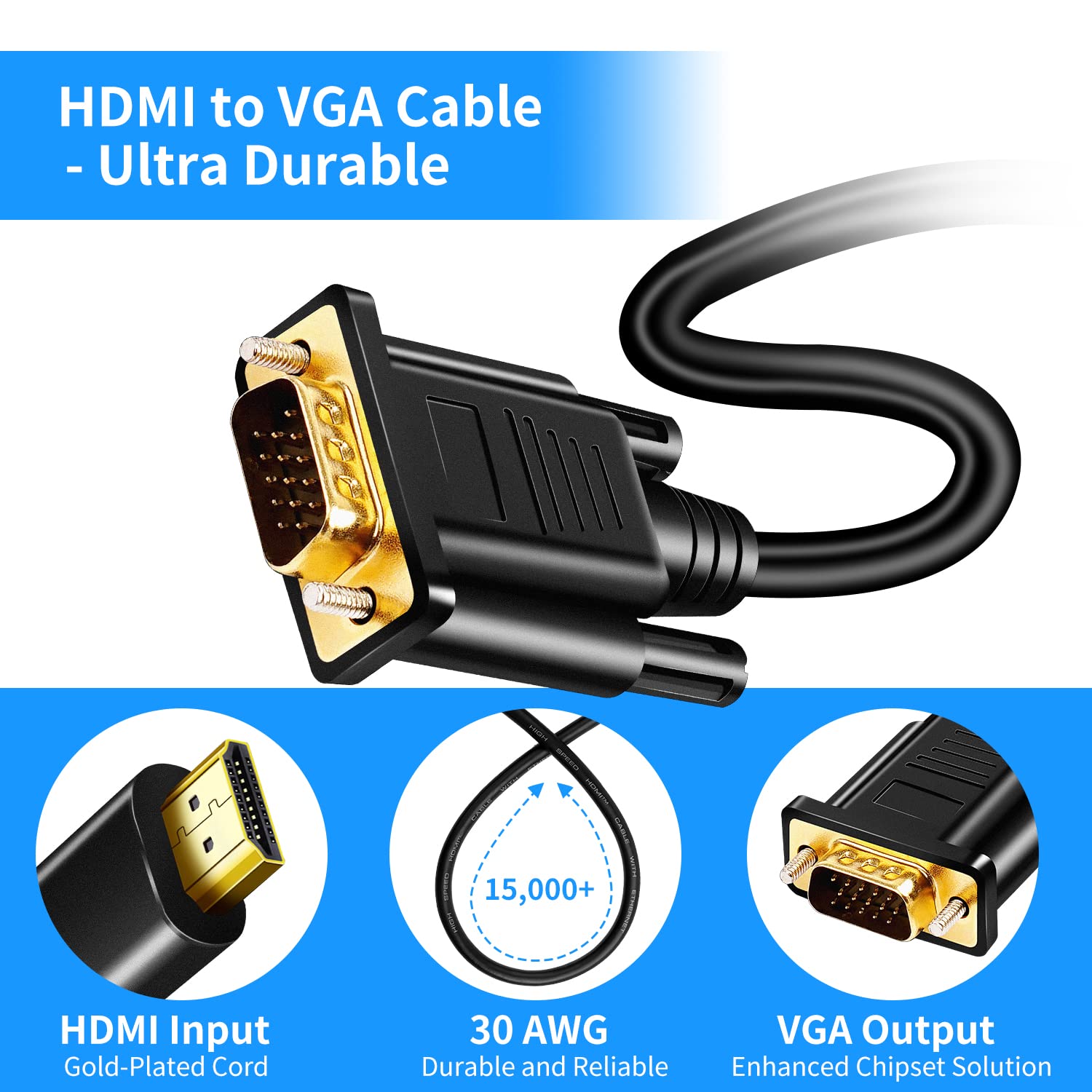 Herfair HD to VGA Cable 1080P Active HD Digital to VGA Analog Video Adapter Gold Plated Converter Lead for Monitor of Desktop, Projector, HDTV, Raspberry Pi, Roku, Xbox (1m)