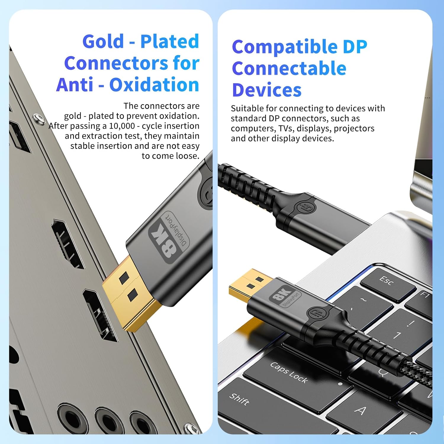 MaxRenard 8K DisplayPort Cable 1.4 (VESA Certified, 8K@60Hz/4K@144Hz), 32.4Gbps High-Speed Gold-Plated, for Gaming Monitors/Graphics Cards/TVs/PCs/Laptops HDR/FreeSync/G-Sync, Braided（3.3FT