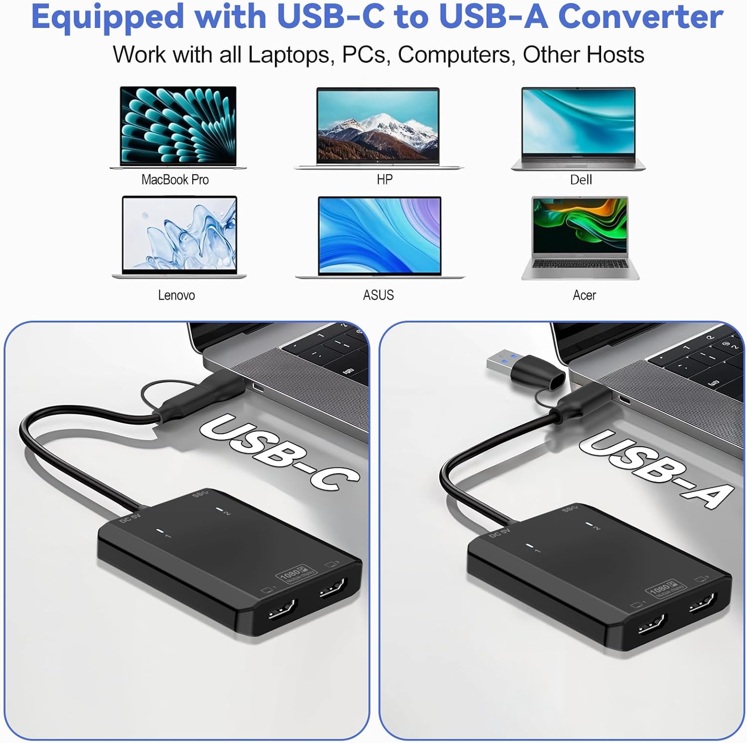 Herfair USB to HDMI Adapter [1080P Full HD, Built-in Driver] HDMI Adapter for Laptop to Monitor USB 3.0 to TV Screen Converter for MacOS/Windows 11/10/8.1/8/7 Computers Desktops PC MacBook