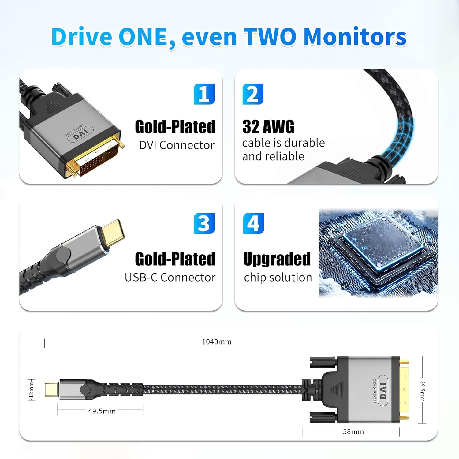 USB C to DVI Cable 6.6ft [Thunderbolt 3/4 Compatible, 1080P@60Hz] Type-C to DVI Adapter for MacBook Pro 2023, iPhone 15 Pro/Max, iPad Pro, Dell XPS 17, Surface Book 3, Galaxy S23/S24