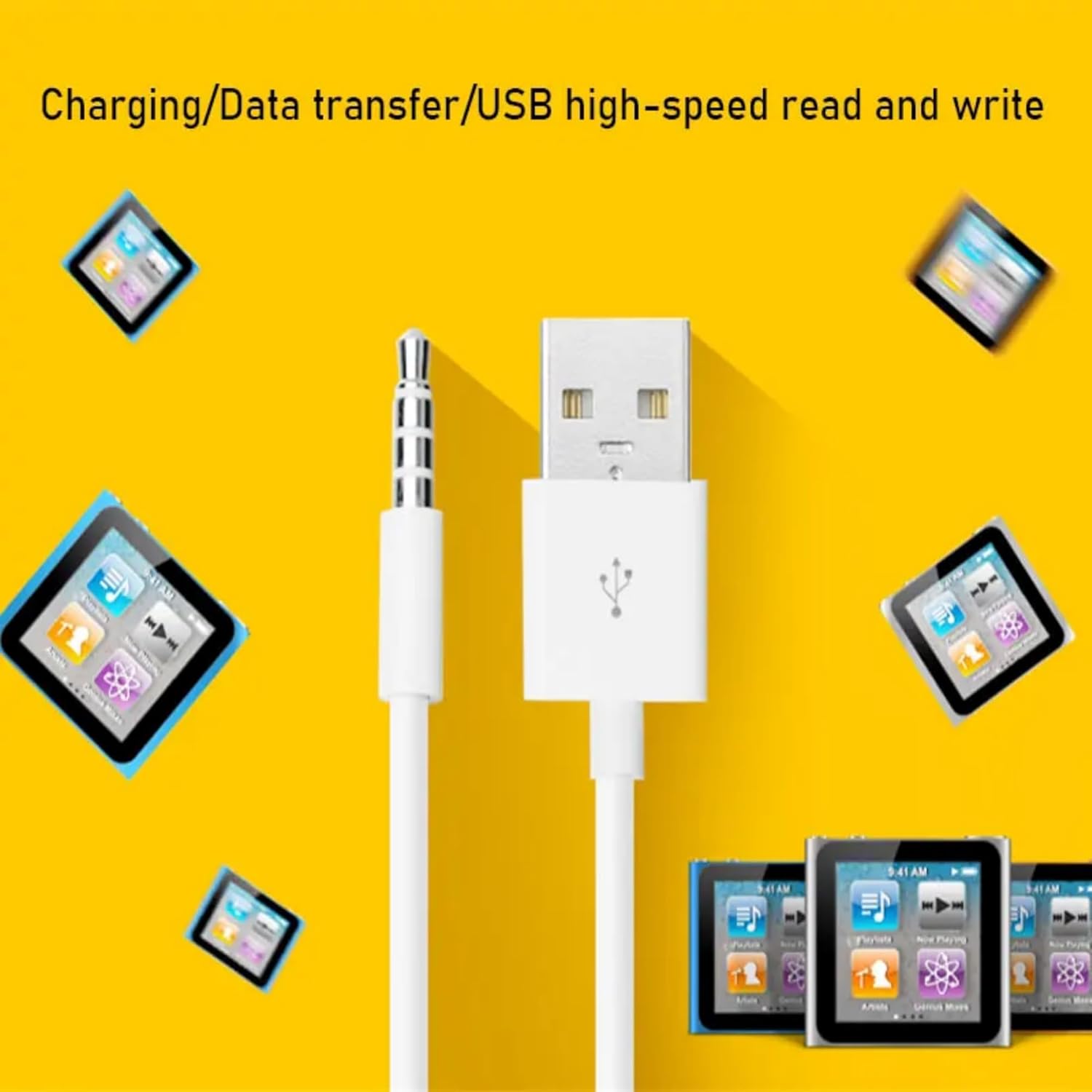 iPod Shuffle Charger Cable, 3.5mm Audio Jack to USB Sync & Charge Lead (2 Pack) - Compatible with iPod Shuffle 3/4/5/6/7 Gen, MP3 Player - White