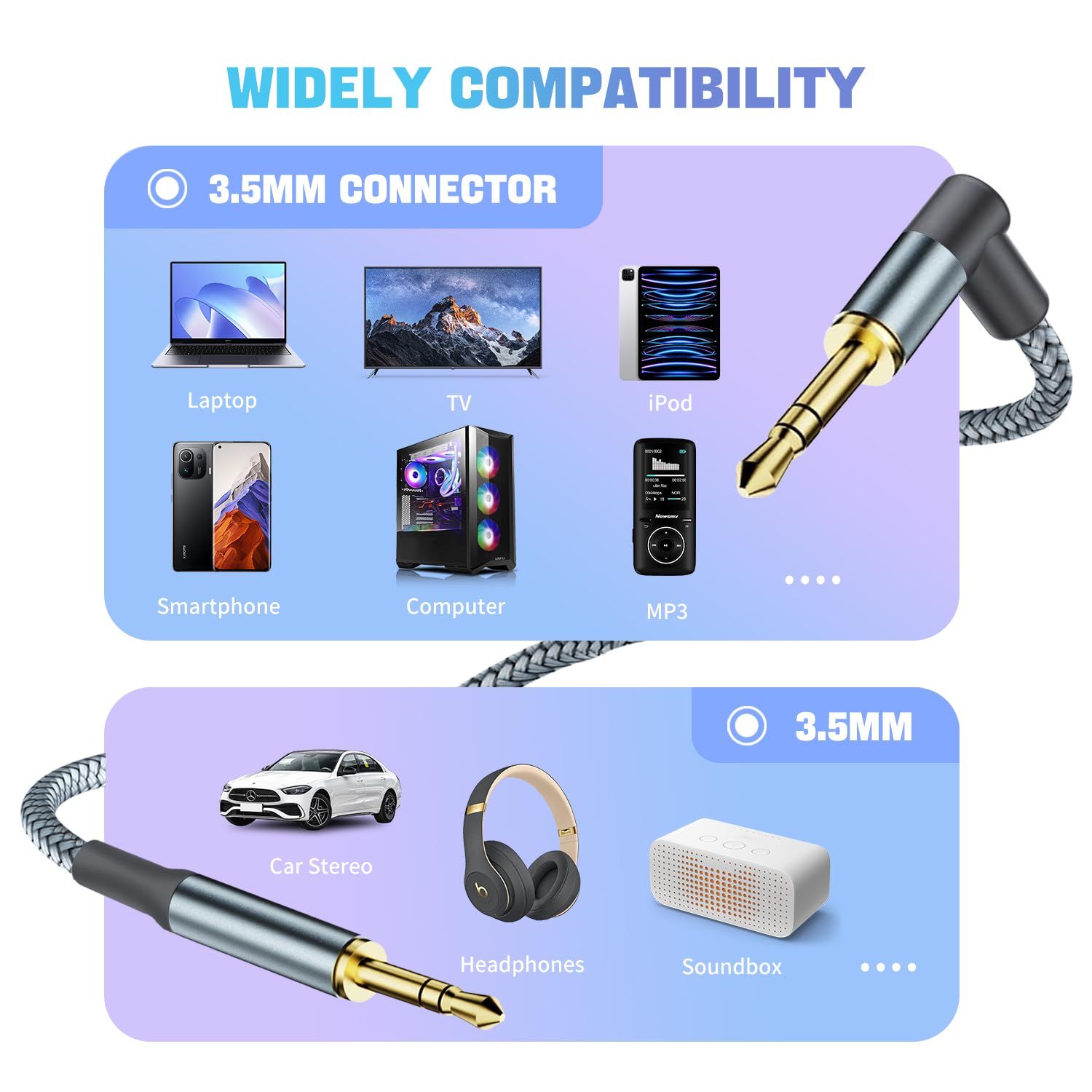 3.5mm to 3.5mm Aux Cable,1.2M Audio Aux Jack Adapter 90 Degree Nylon Braided Male to Male Auxiliary Cord Hi-Fi Lead Stereo Headphone Mini TRS Compatible with Car,Speaker,iPod iPad,Sony,Echo Dot,Beats