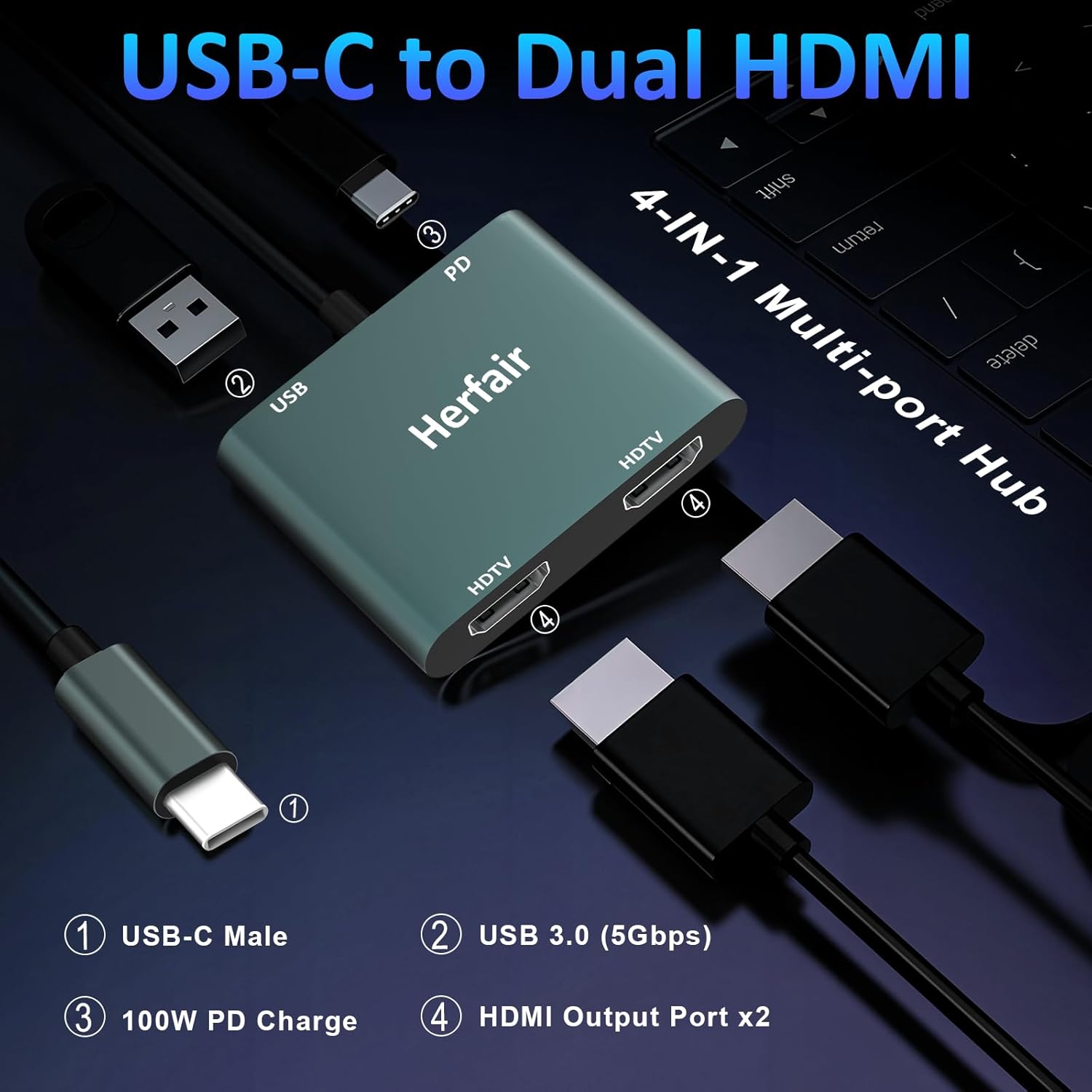 Herfair HDMI Splitter for Dual Monitors Extended Display 1 in 2 Out 4K USB C to 2 HDMI Adapter Extender for MacBook Laptop Support All Mode for Windows & Mirror Mode for MacOS