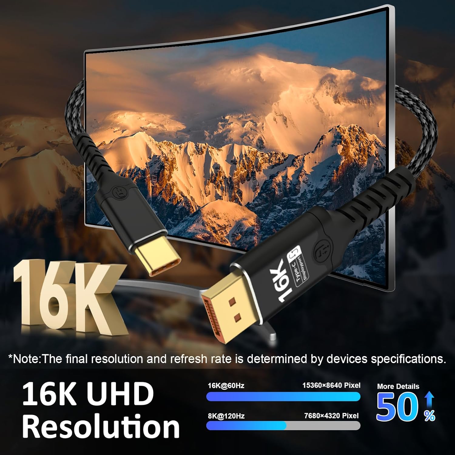 Displayport to USB C Bidirectional USB C to DisplayPort 2.1 Cable Support 16K@60Hz 8K@120Hz Resolution Braided Thunderbolt 5 Compatible with MacBook Pro/Air, Galaxy S25, iPad Pro, XPS 17, 10FT