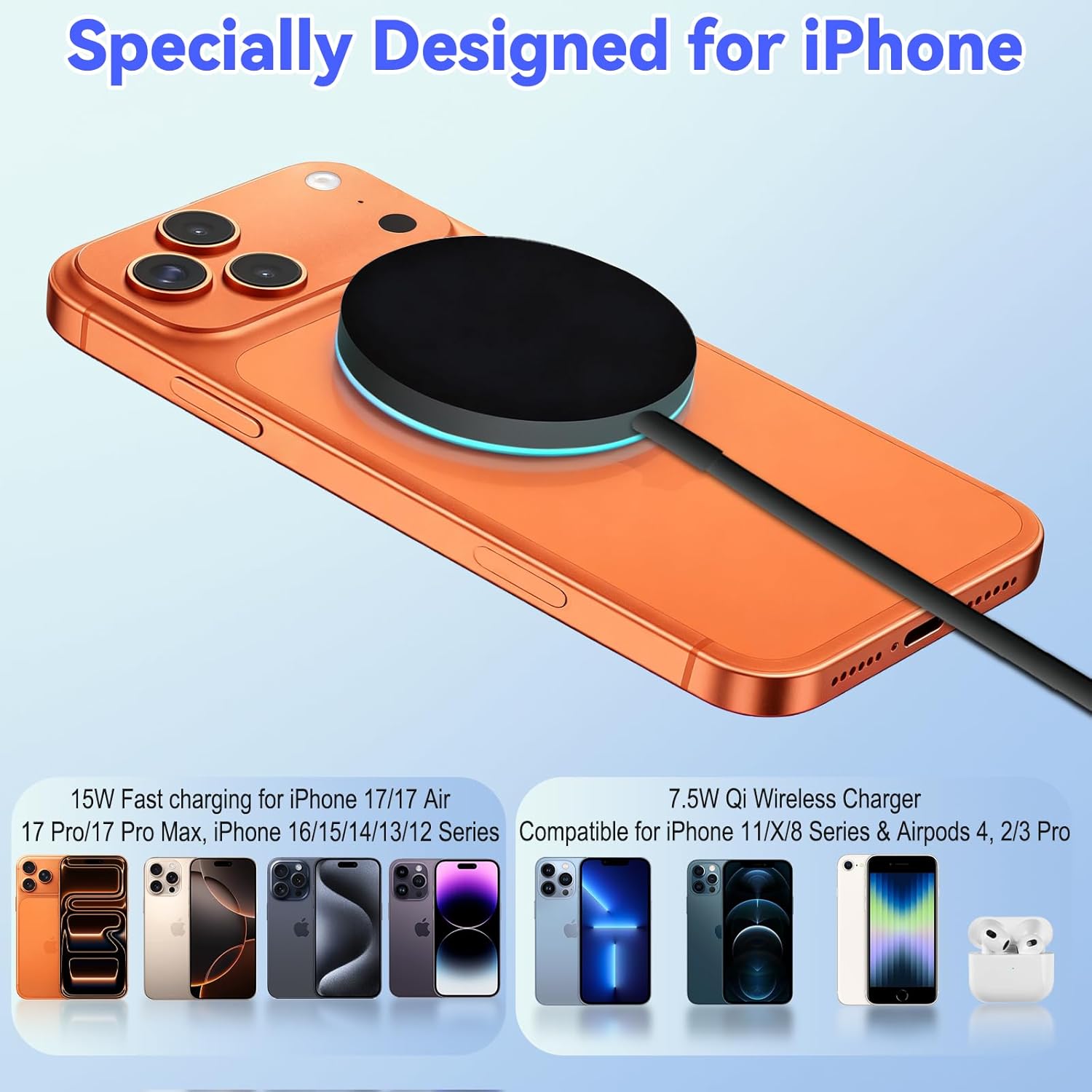Wireless Charger for iPhone 15W Ma-g Sa-fe Charger Fast Charging Pad Compatible with iPhone 17 Pro/17 Air/iPhone 16/16 Pro/16 Plus/16 Pro Max/15 Pro/15/14/13/12/11/X/8 Series