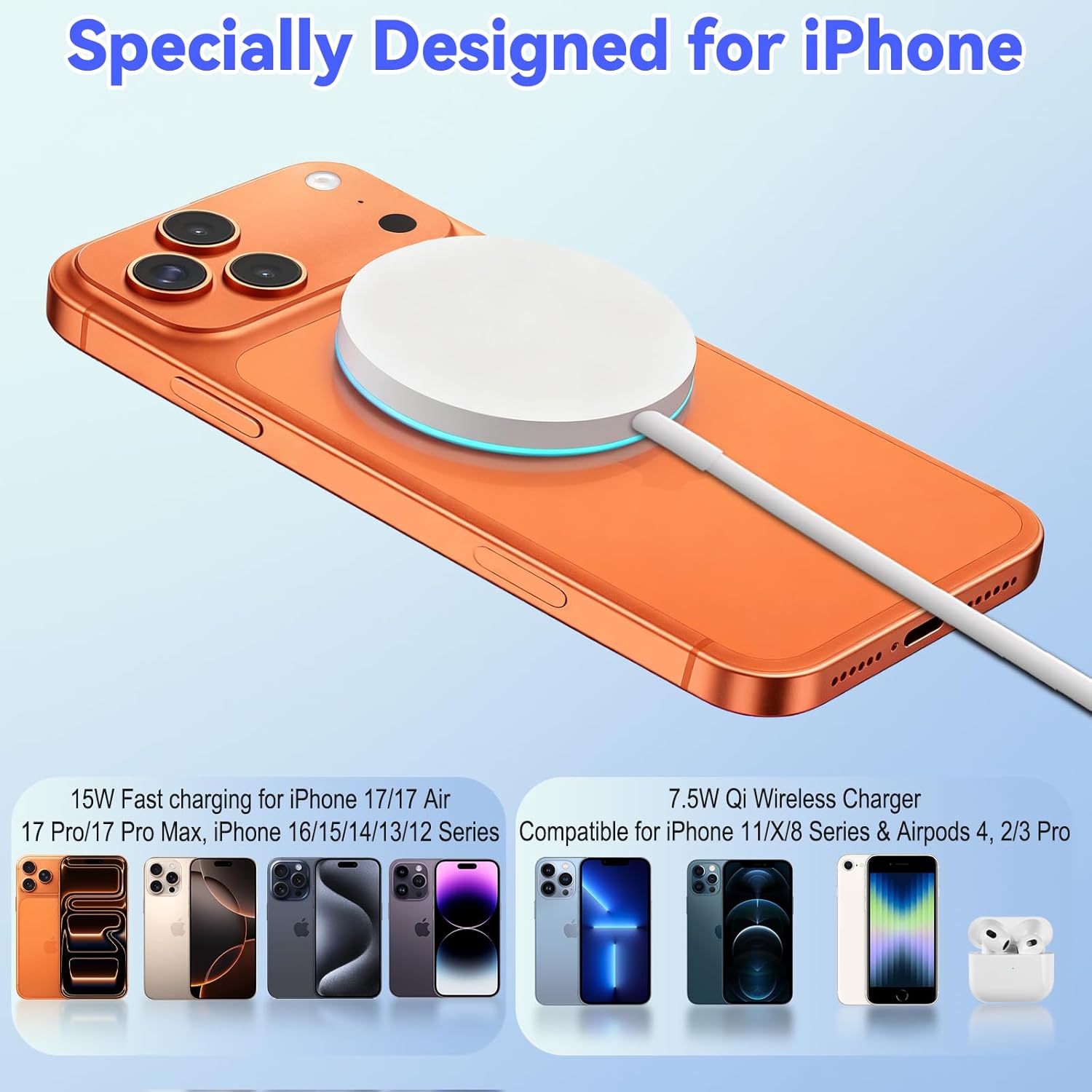 Wireless Charger for iPhone 15W Ma-g Sa-fe Charger Fast Charging Pad Compatible with iPhone 17 Pro/17 Air/iPhone 16/16 Pro/16 Plus/16 Pro Max/15 Pro/15/14/13/12/11/X/8 Series