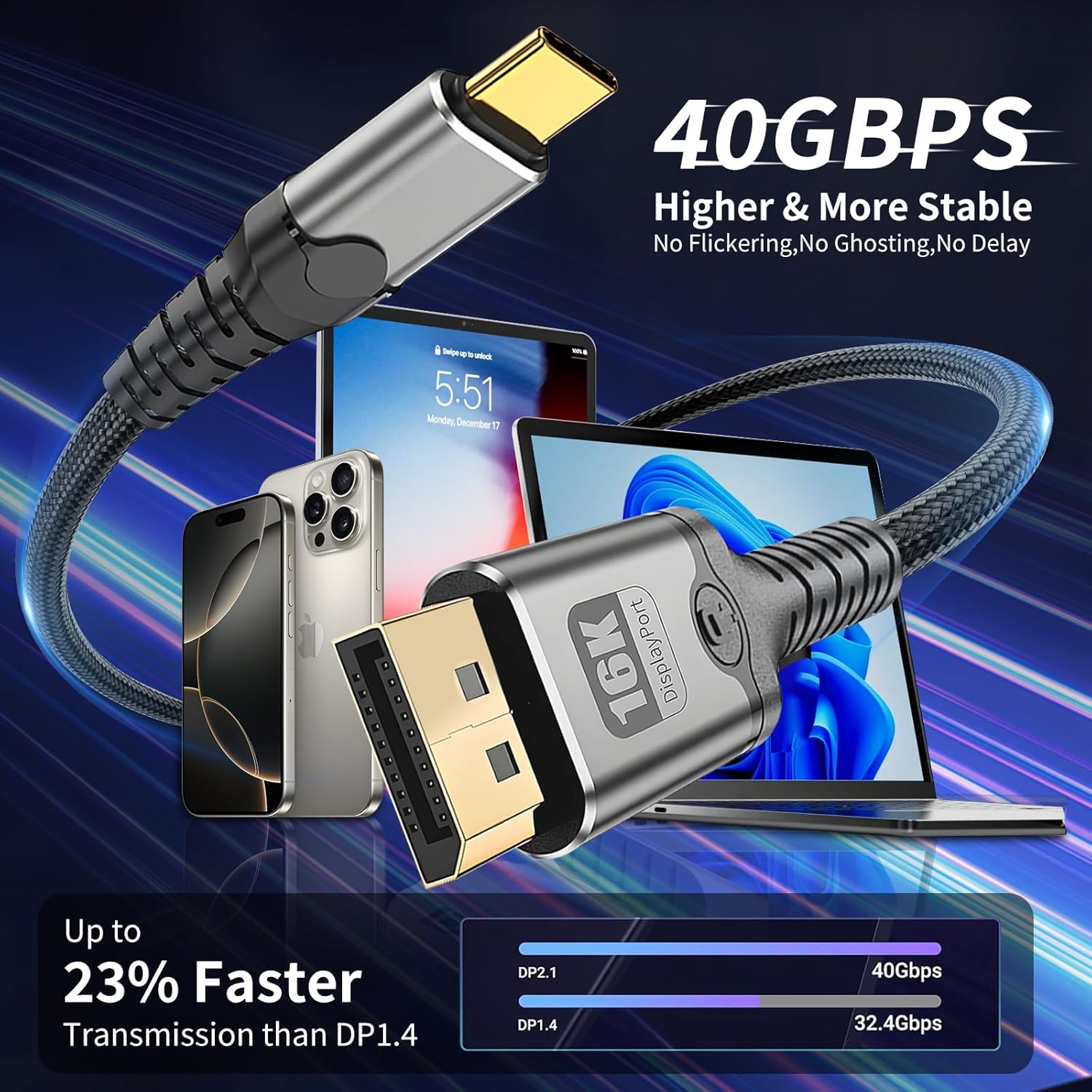 MaxRenard USB-C to DisplayPort 1.4 Cable 8K 60Hz, 4K/2K 240Hz Gaming-Grade, Thunderbolt 4/3 Compatible 32Gbps High-Speed, for MacBook M4/Dell XPS/Surface Pro & Gaming Monitors (3.3Feet)