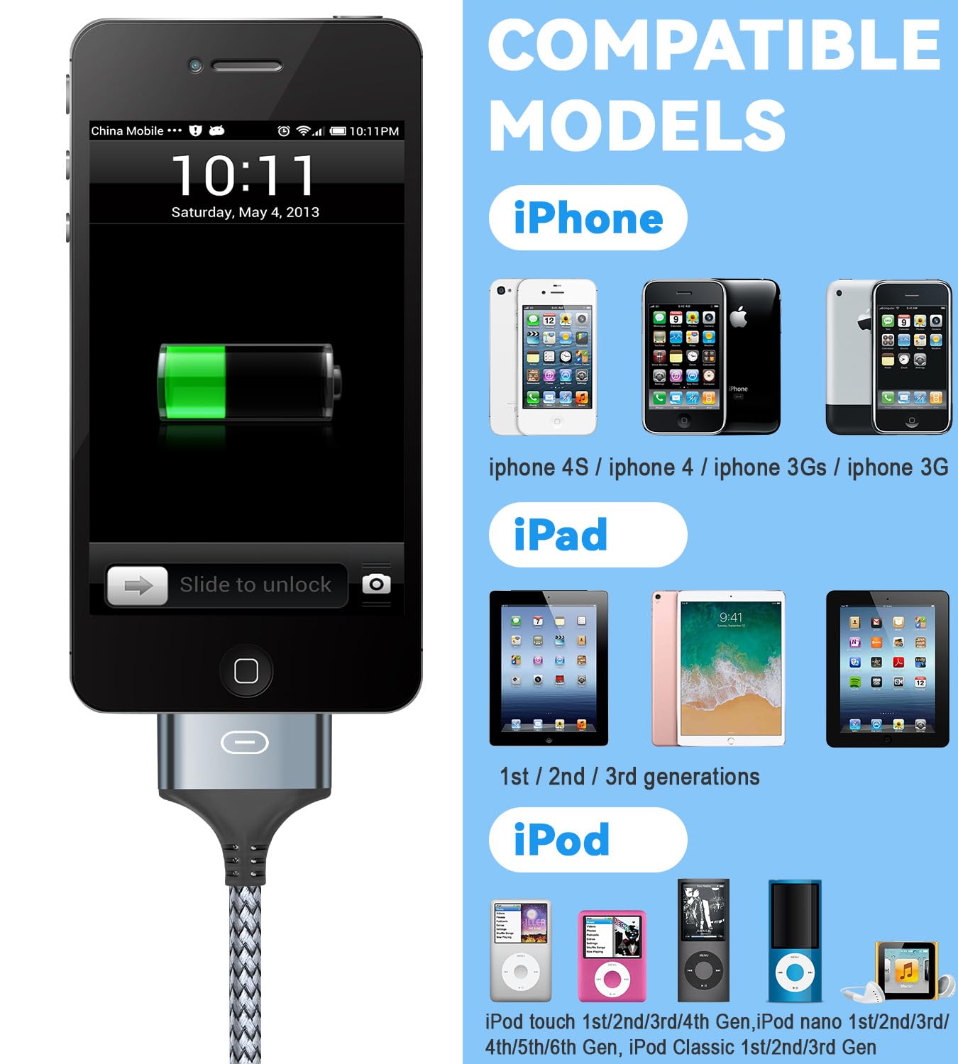 Herfair USB to 30 Pin Charger Cable Nylon Braided USB Charging Cord Compatible with i-Phone 4/4s/3G/3GS, iPad 1 2 3, iPod Touch 4 3 2 1, iPod Classic 3 2 1 (3FT)