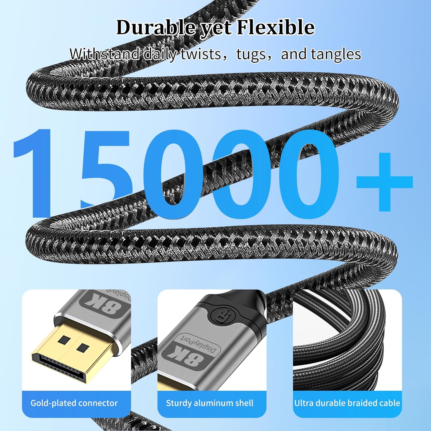 MaxRenard 8K DisplayPort Cable 1.4 (VESA Certified, 8K@60Hz/4K@144Hz), 32.4Gbps High-Speed Gold-Plated, for Gaming Monitors/Graphics Cards/TVs/PCs/Laptops HDR/FreeSync/G-Sync, Braided（3.3FT