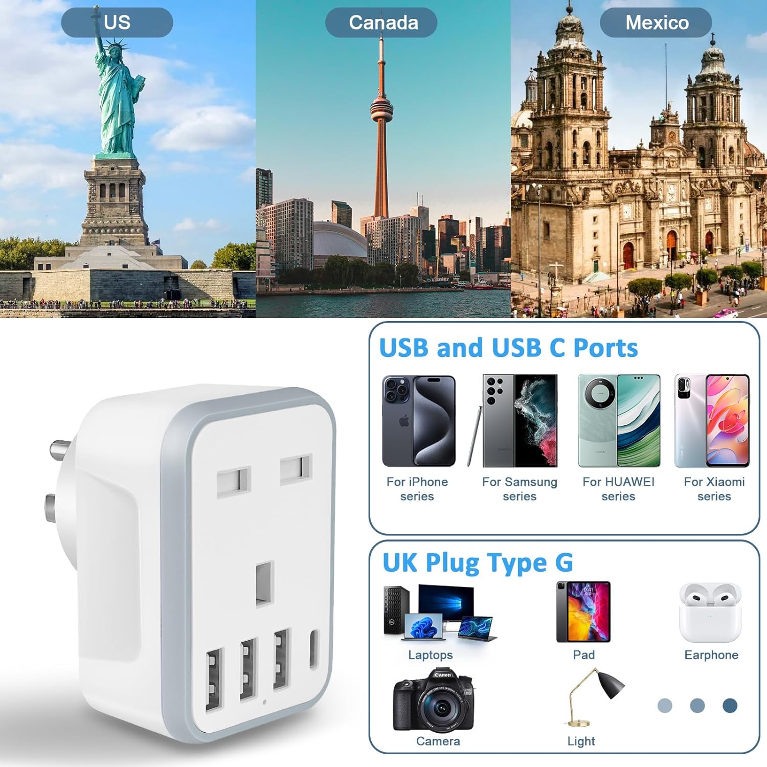 baolongking UK to US Plug Travel Adapter, USA Travel Adapter with 4 USB Ports (1 USB C Fast Charger) American to UK Plug Adapter for US Canada Mexico Thailand and More
