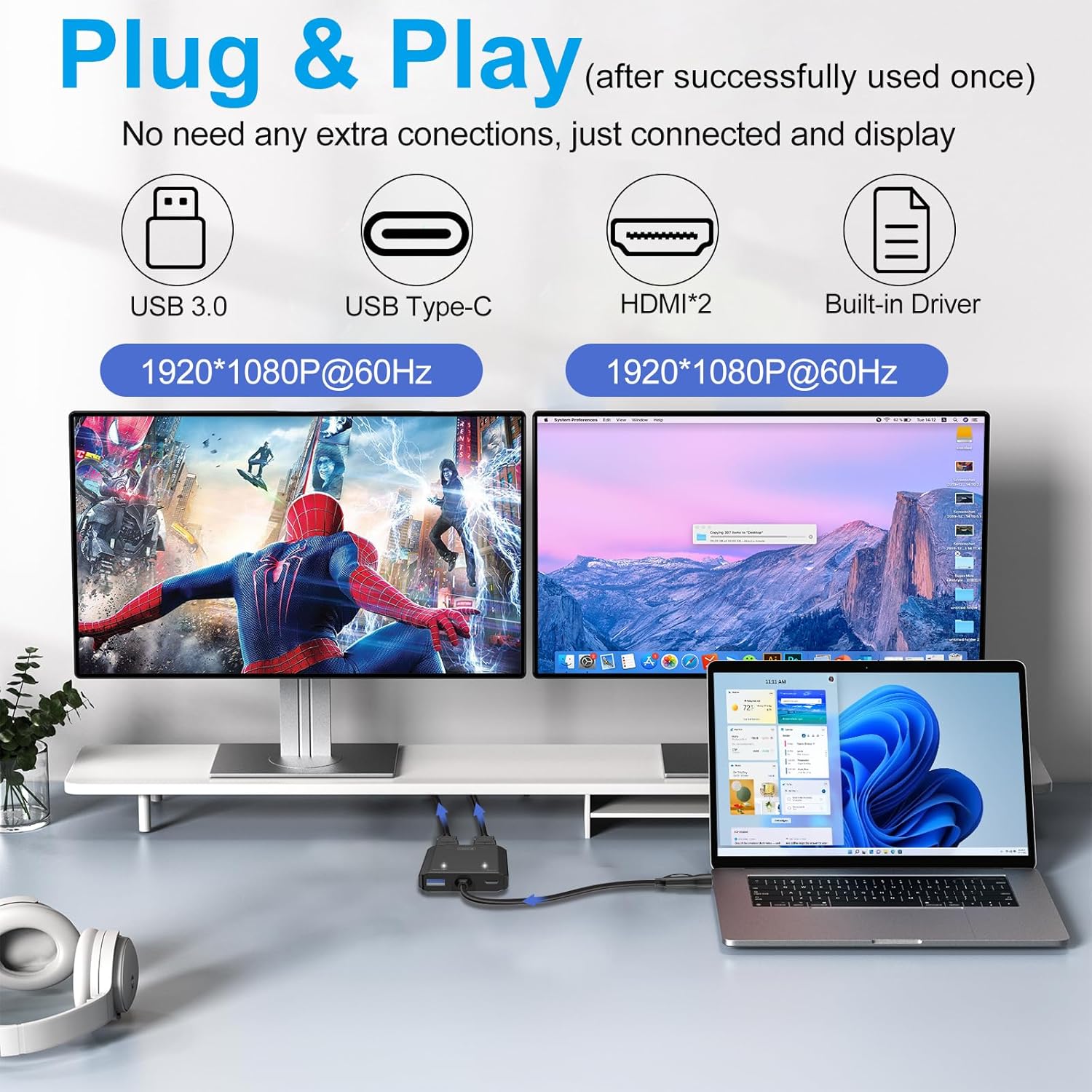 Herfair USB to HDMI Adapter [1080P Full HD, Built-in Driver] HDMI Adapter for Laptop to Monitor USB 3.0 to TV Screen Converter for MacOS/Windows 11/10/8.1/8/7 Computers Desktops PC MacBook