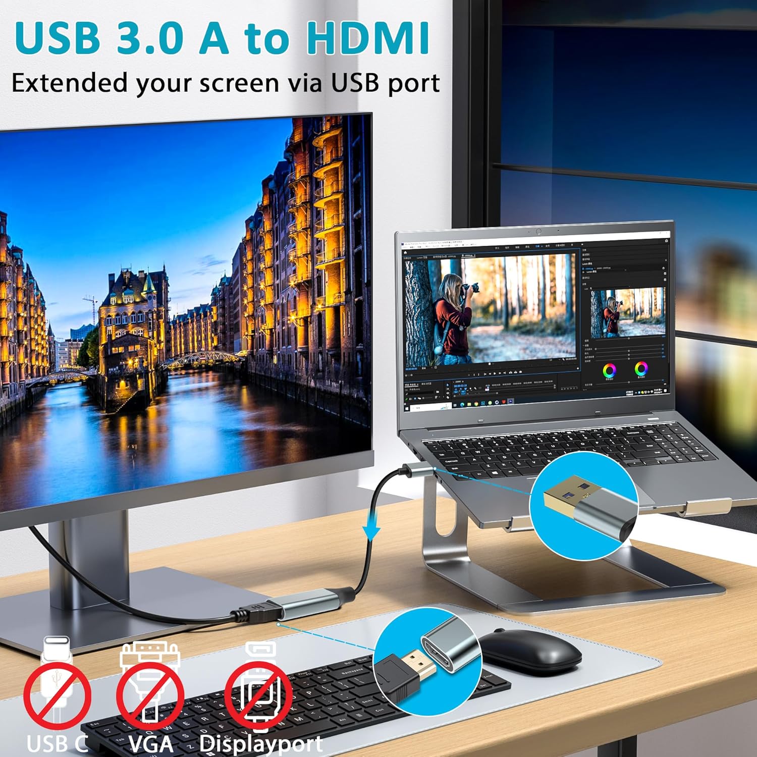Herfair USB to HDMI Adapter [1080P Full HD, Built-in Driver] HDMI Adapter for Laptop to Monitor USB 3.0 to TV Screen Converter for MacOS/Windows 11/10/8.1/8/7 Computers Desktops PC MacBook